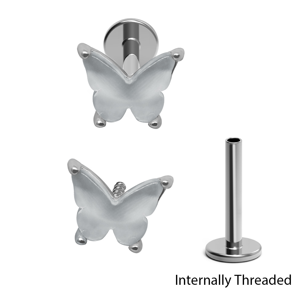Steel 316L Internally Threaded Labret Butterfly Design With Opal Rainbow Crystals