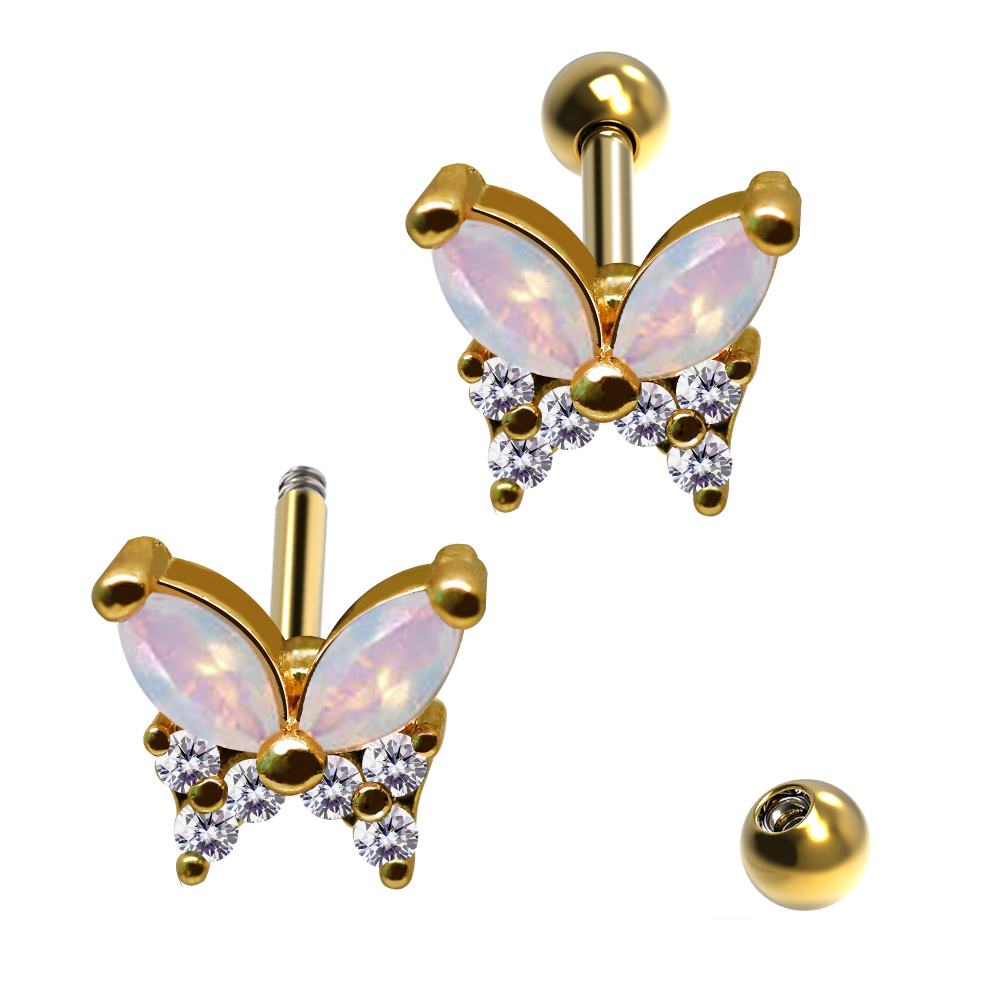 Steel 316L Barbell in Butterfly Design with Crystals - CC Crystal Clear - 20GA(0.8mm)