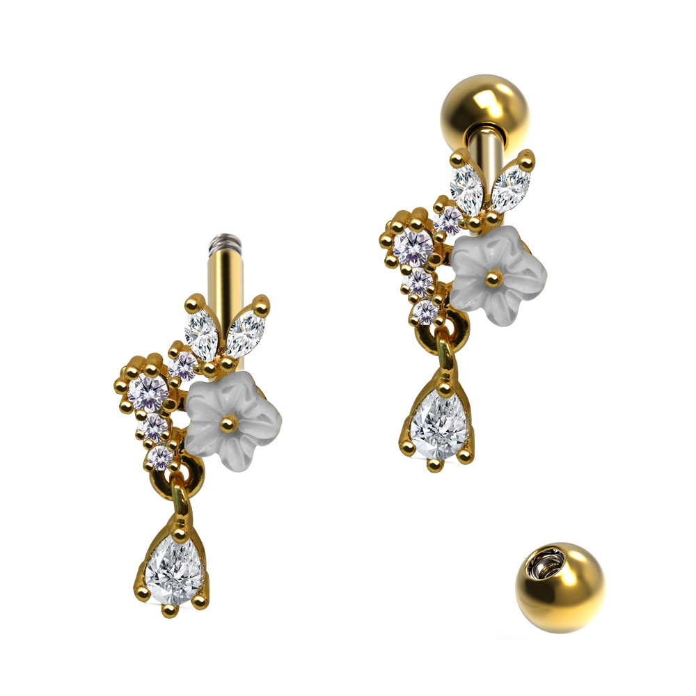 Steel 316L Barbell in Crystal Embellished Flower Motif - 20GA(0.8mm)   