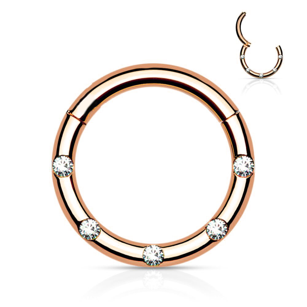 Steel 316L Rose Gold Ti-PVD Coated Hinged Segment Ring Clicker with  Five Crystals