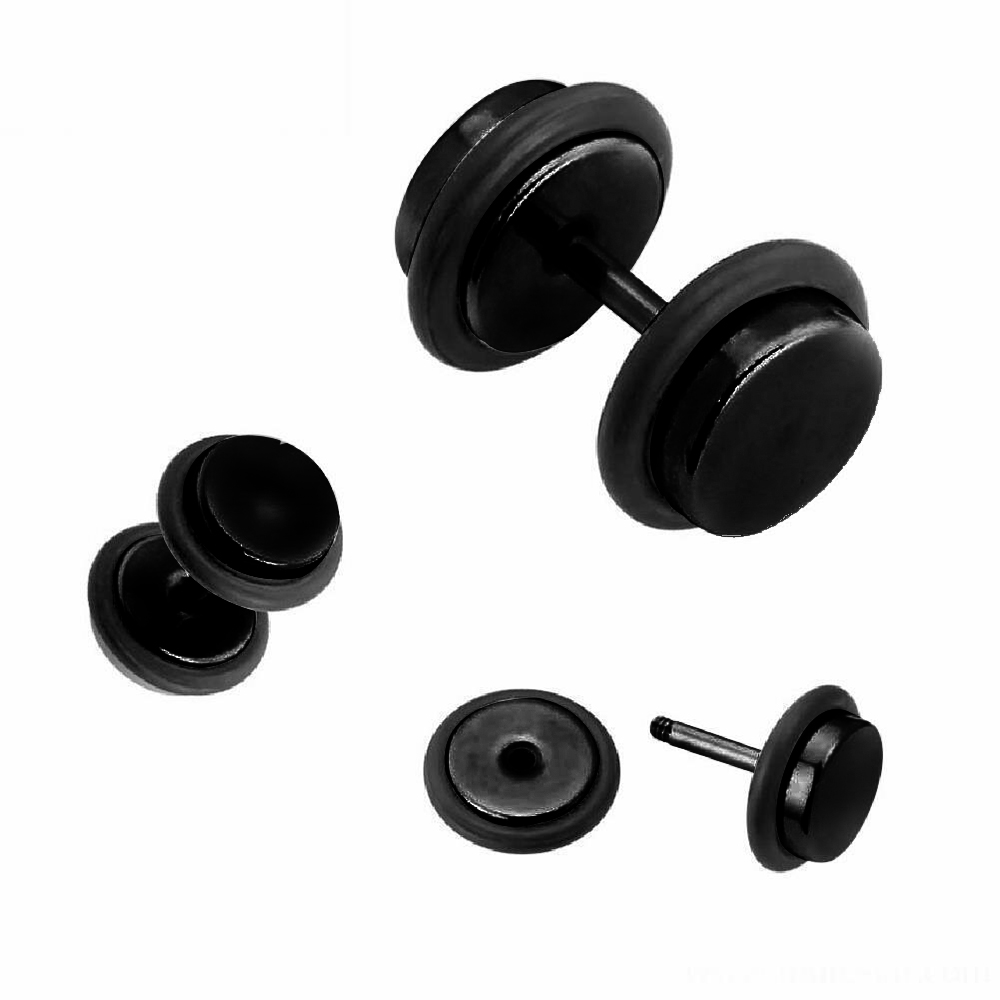 Steel 316L Black Ti-PVD Coated Ear Fake Plug with Rubbers (Thin Disc Size) - 16GA(1.2mm)