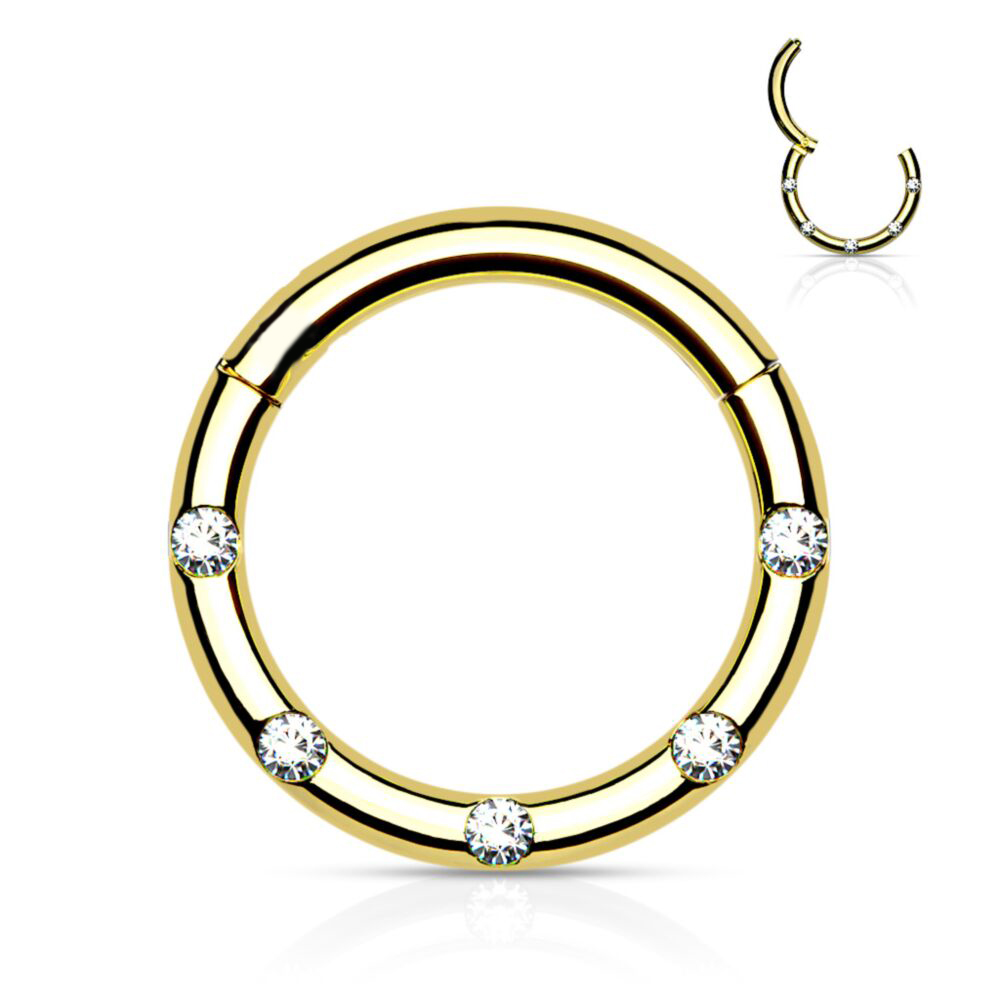 Steel 316L Gold PVD Coated Hinged Segment Ring Clicker with  Five Crystals