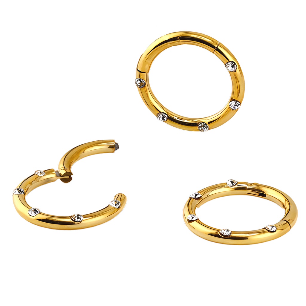Steel 316L Gold Ti-PVD Coated Hinged Segment Ring Clicker with  Five Crystals