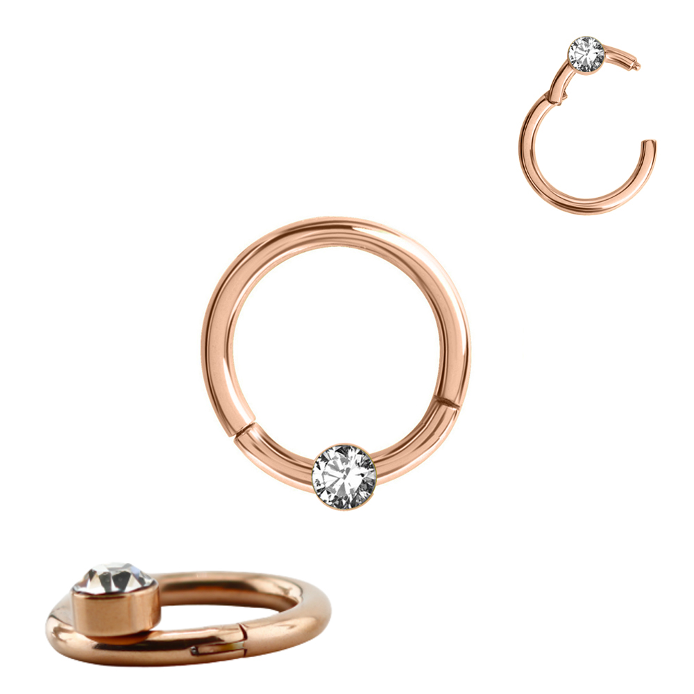 Steel 316L Rose Gold Ti-PVD Coated Hinged Segment Ring Clicker with Crystal Disc