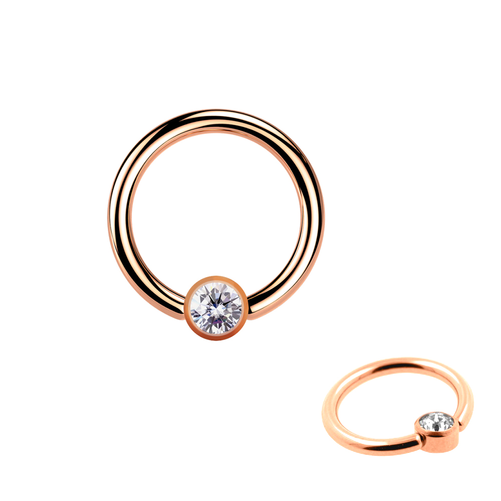 Steel 316L Rose Gold PVD Titanium Coated BCR with 4mm Flat Crystal Clip-in Disc  - 16GA(1.2mm)  