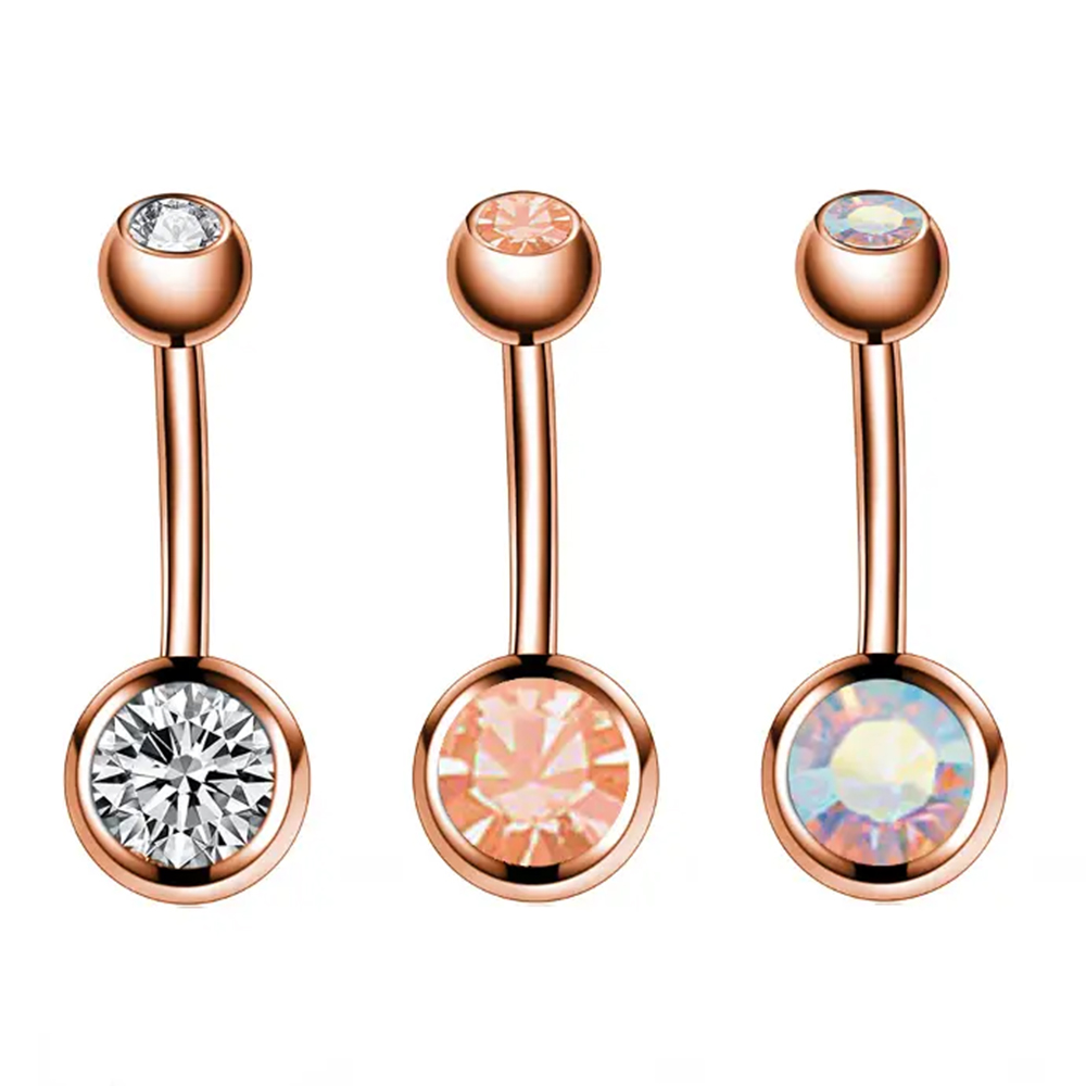Steel 316L Rose Gold Ti-PVD Coated Bananabell with Double Setted Crystal Ball (5+8mm) - 14GA(1.6mm)  