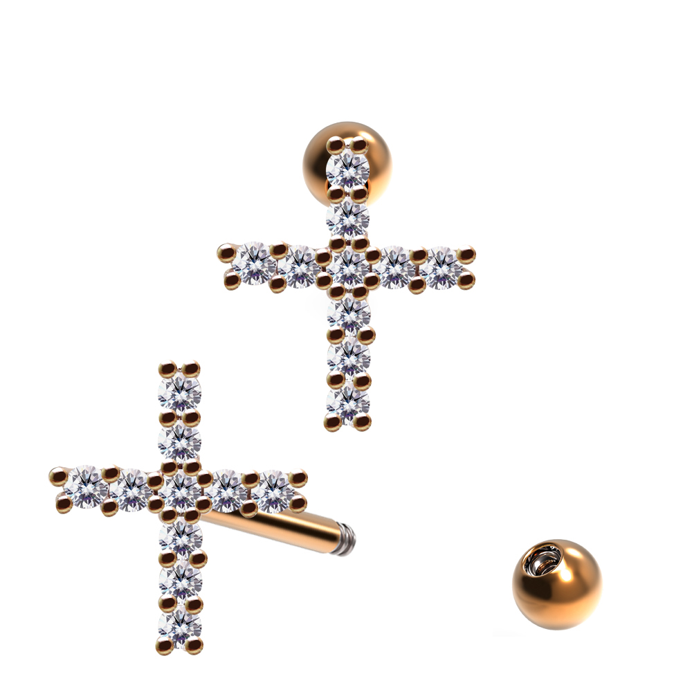 Steel 316L Barbell in Cross Brass Design with Crystals - CC Crystal Clear