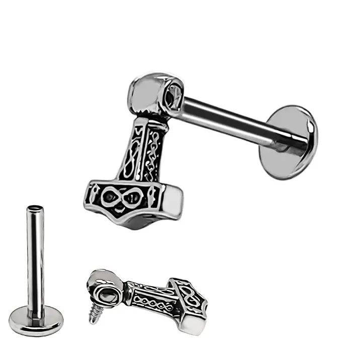 Steel 316L Internally Threaded Labret with Viking Thor's Hammer Design  -  16GA(1.2mm)
