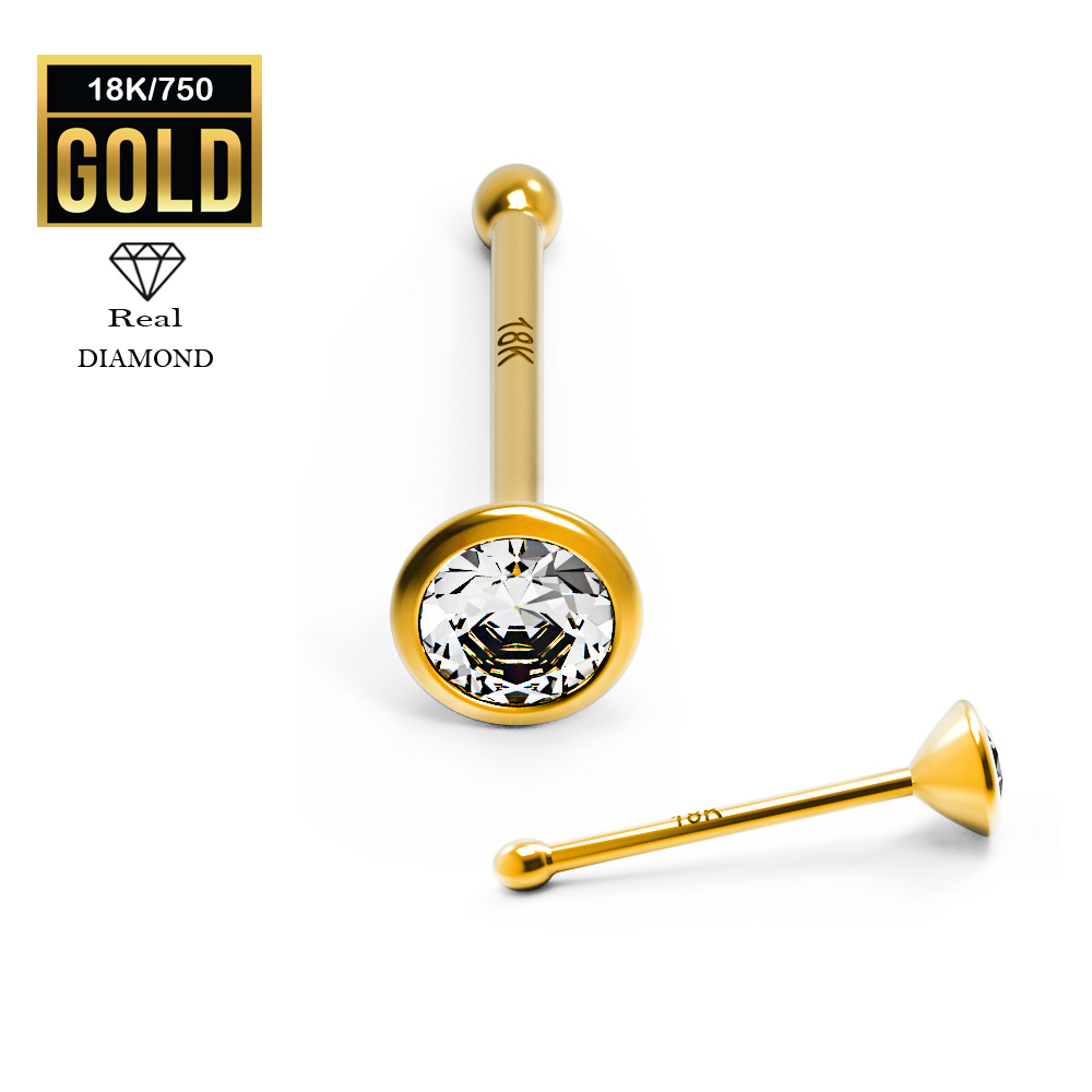 18K Real Gold Nose Stud with Real Diamond - 23GA(0.6mm)