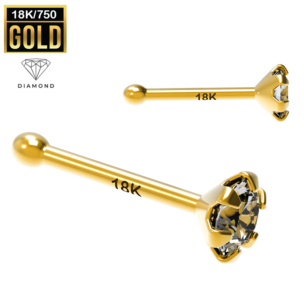 18K Real Gold Nose Stud with Real Diamond (Prong Setting) - 23GA(0.6mm)