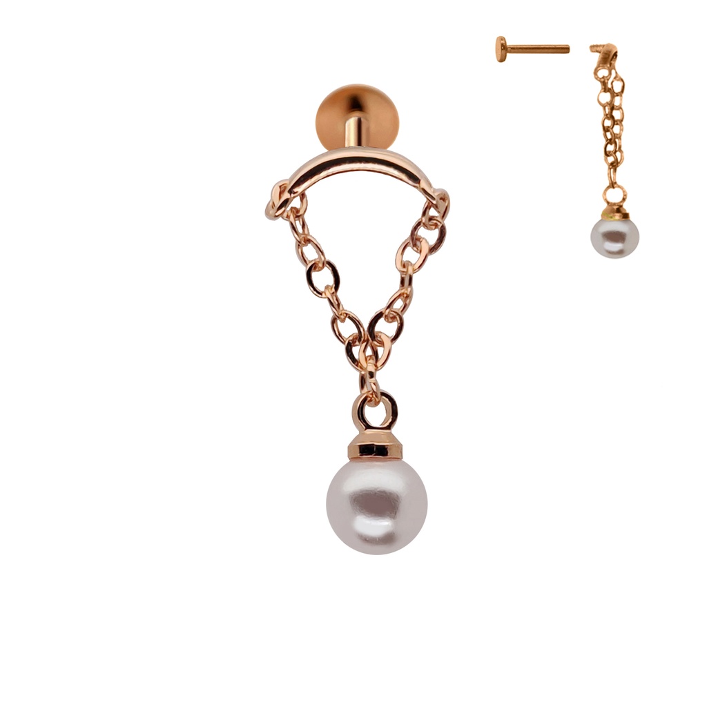Steel 316L Rose Gold Ti-PVD Coated Internally Threaded Hidden Labret with Link Chain & Pearl 