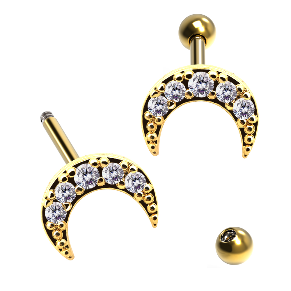 Steel 316L Barbell in Moon Design with Crystals - CC Crystal Clear