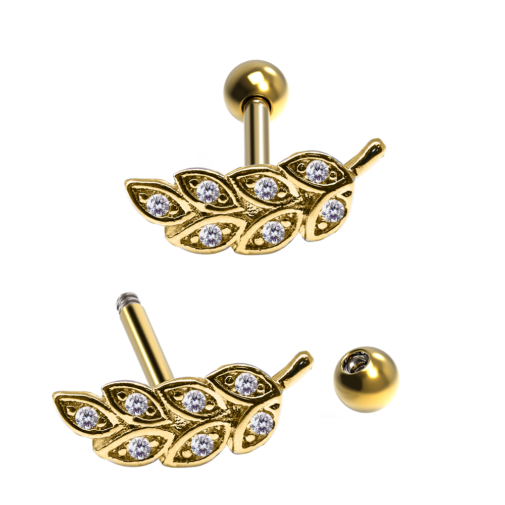 Steel 316L Barbell in Leaf Design with Crystals - CC Crystal Clear 