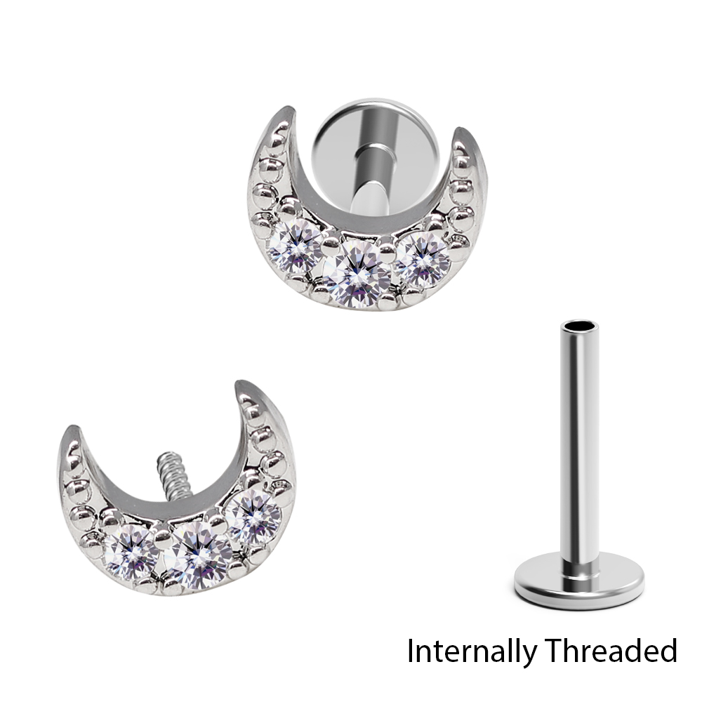 Steel 316L Internally Threaded Labret in Moon Design with Crystal