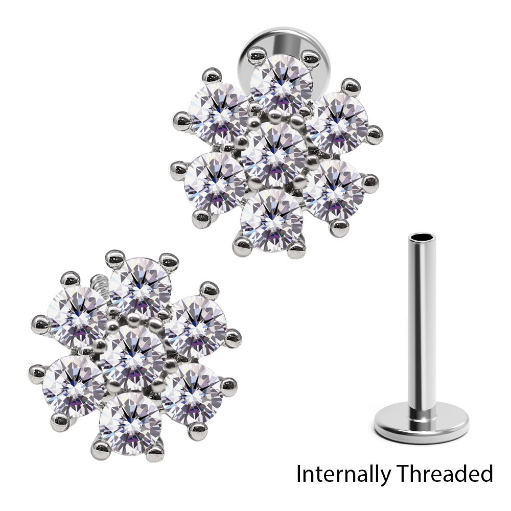 Steel 316L Internally Threaded Labret in Flower Design with Crystal -  16GA(1.2mm) 