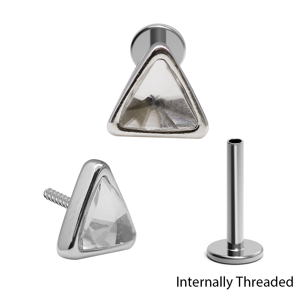 Steel 316L Internally Threaded Labret in Triangle Shape Design with Setted Crystal 