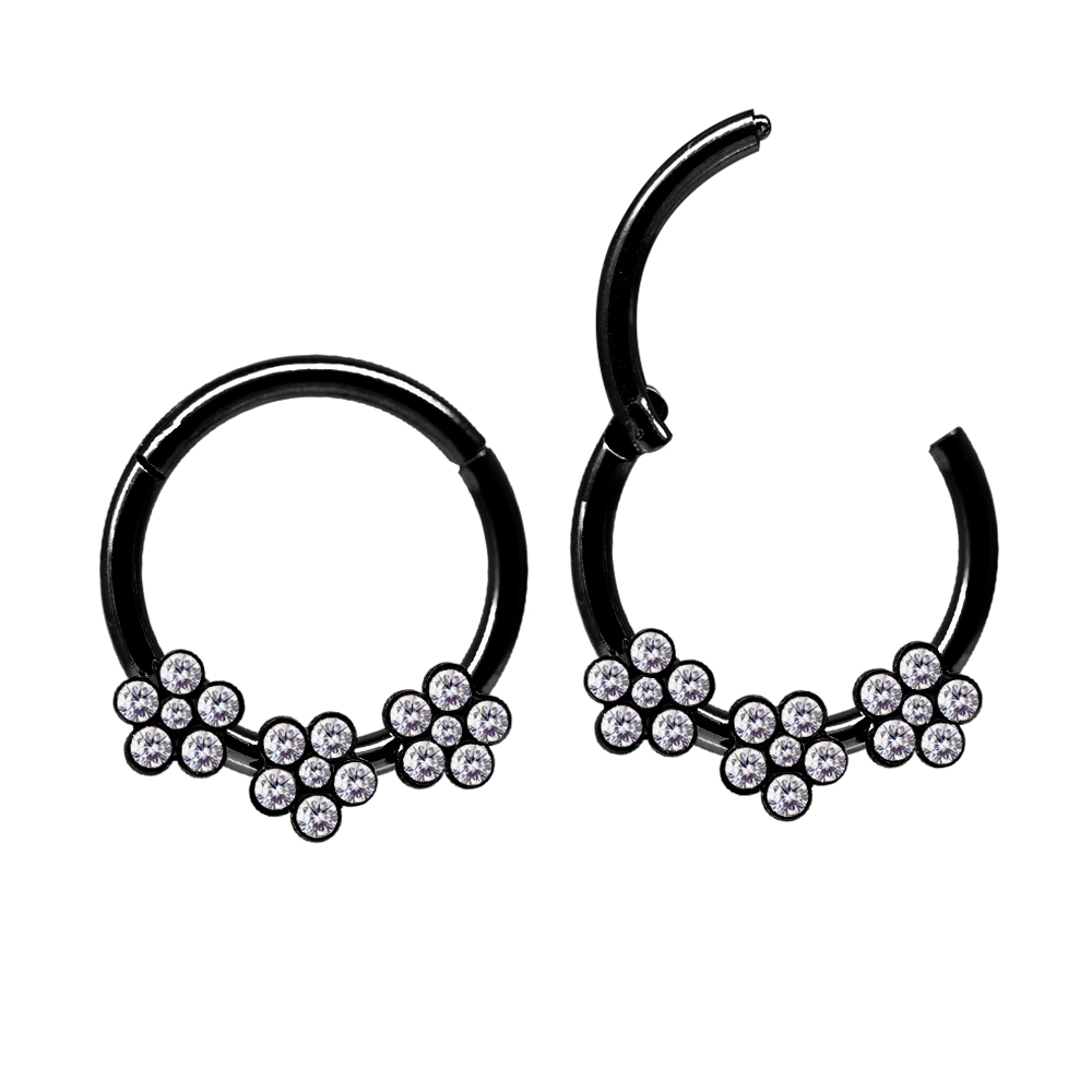 Steel 316L Black Ti-PVD Coated Hinged Segment Ring Clicker with Triple Crystal Flower Design