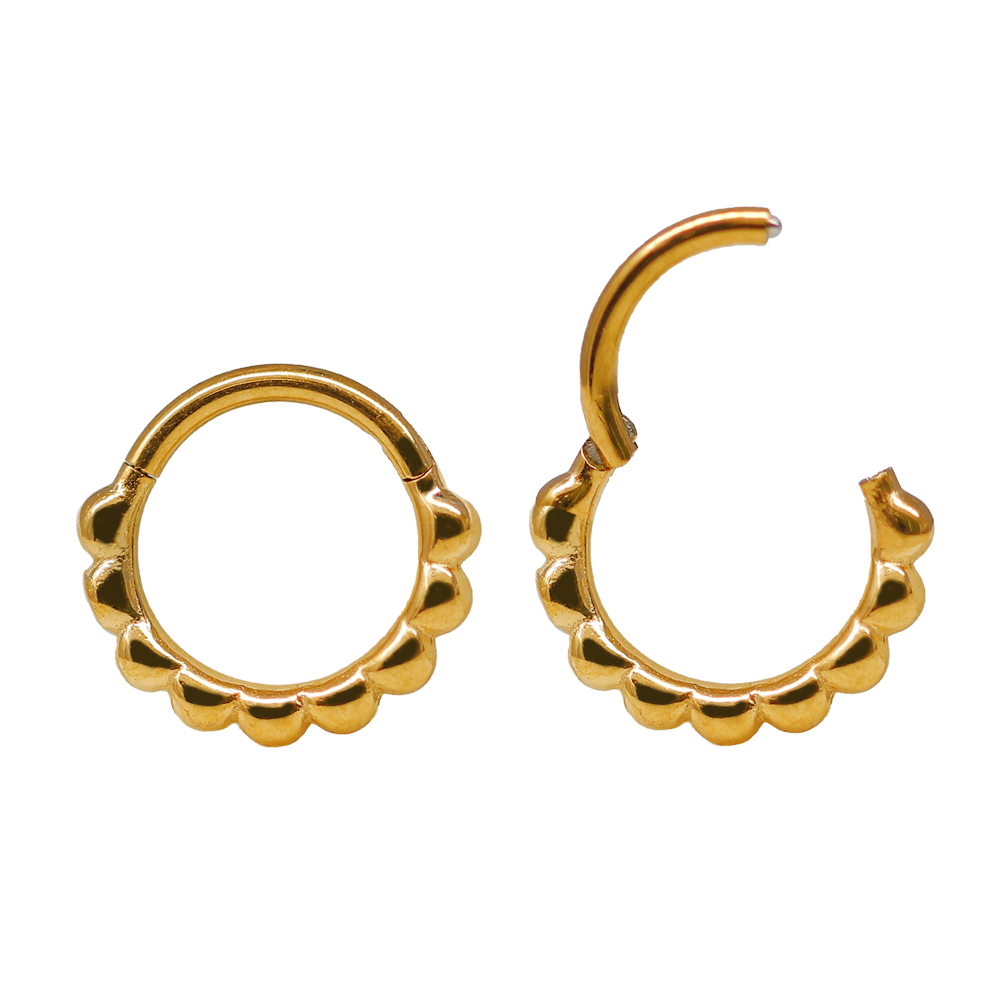 Steel 316L Gold Ti-PVD Coated Hinged Segment Ring Clicker with Milgrain Beads Design - 16GA(1.2mm)