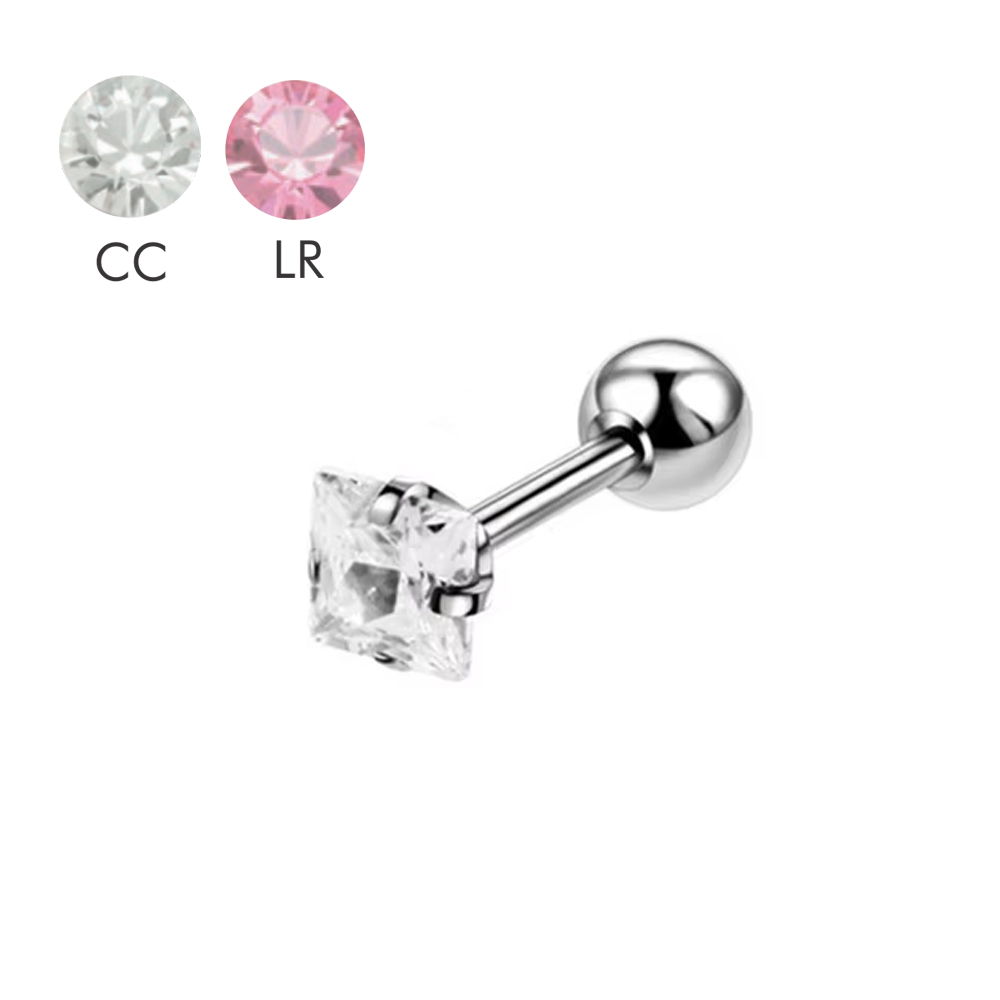 Steel 316L Barbell with 3mm Square Cubic Zirconia Stone (Prong Settings) - 16GA(1.2mm)