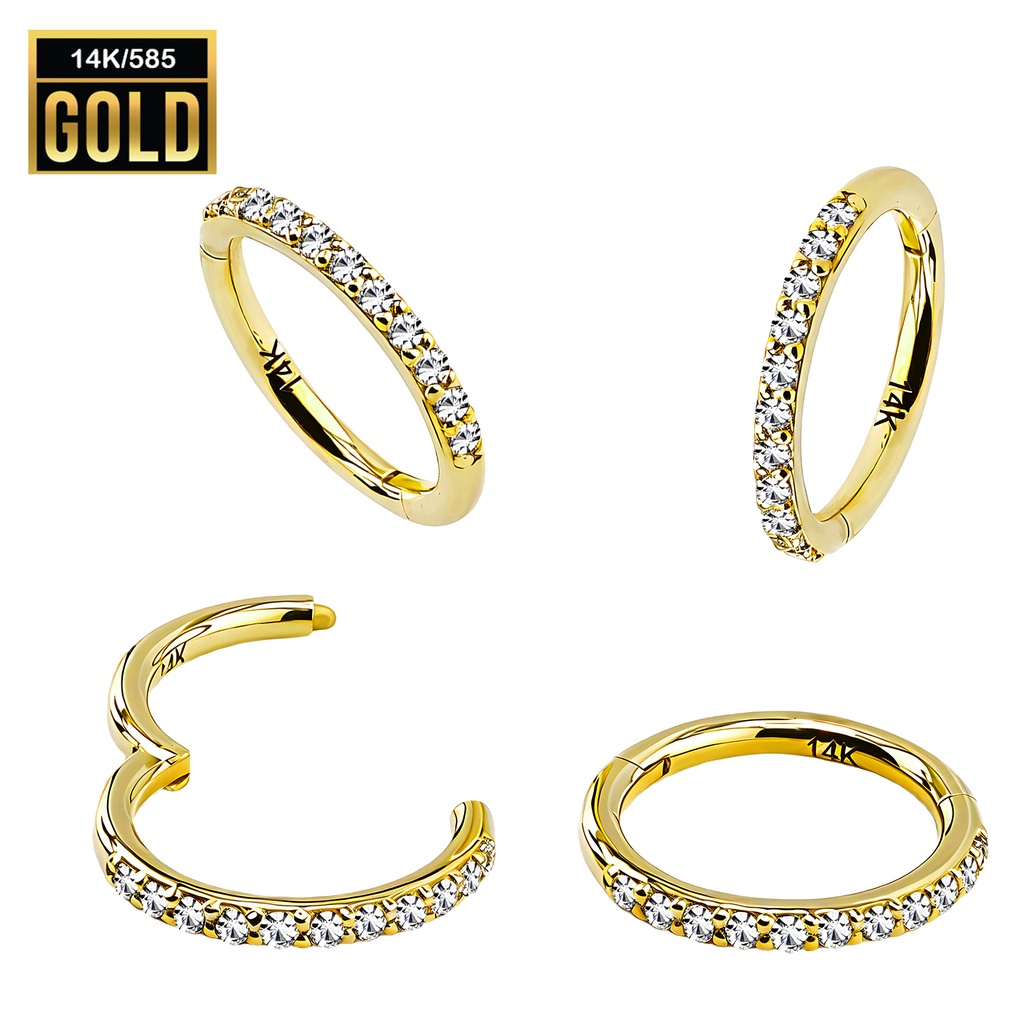 14K Real Gold Hinged Segment Ring Clicker with Cubic Zirconia - 16GA(1.2mm)