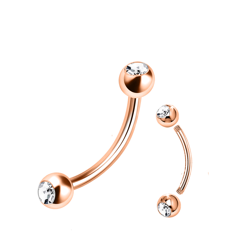 Steel 316L Rose Gold Ti-PVD Coated Bananabell with Double Setted Crystal Balls (3+3mm) - 16GA(1.2mm) 