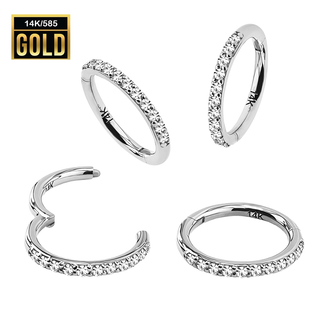 14K White Gold Hinged Segment Ring Clicker with Cubic Zirconia - 16GA(1.2mm)  