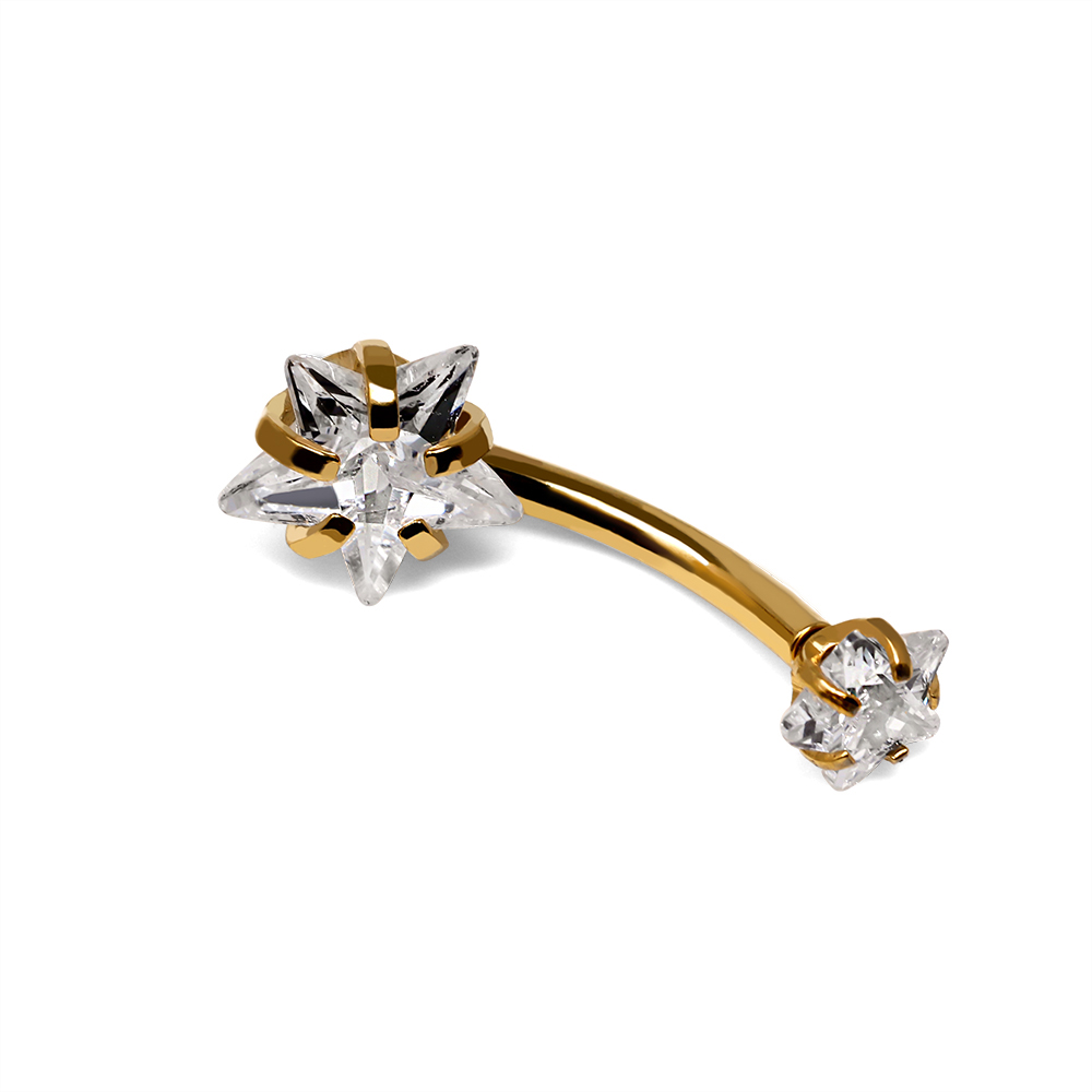 Steel 316L Gold Ti-PVD Coated Bananabell with Prong Setted Star Stone - CC -Crystal Clear 