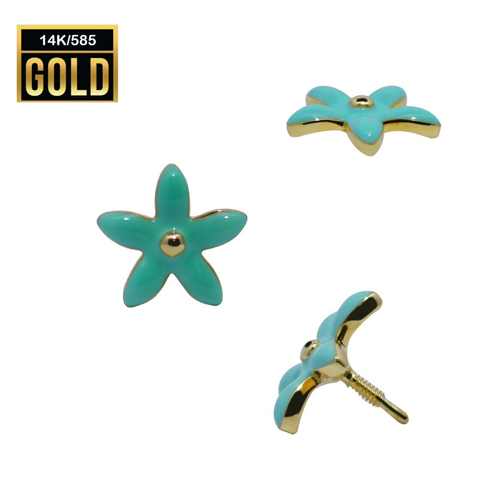 14K Real Gold Flower Top with Enamel-Painted Petals Design - Internally Threaded - 18GA(1.0mm)