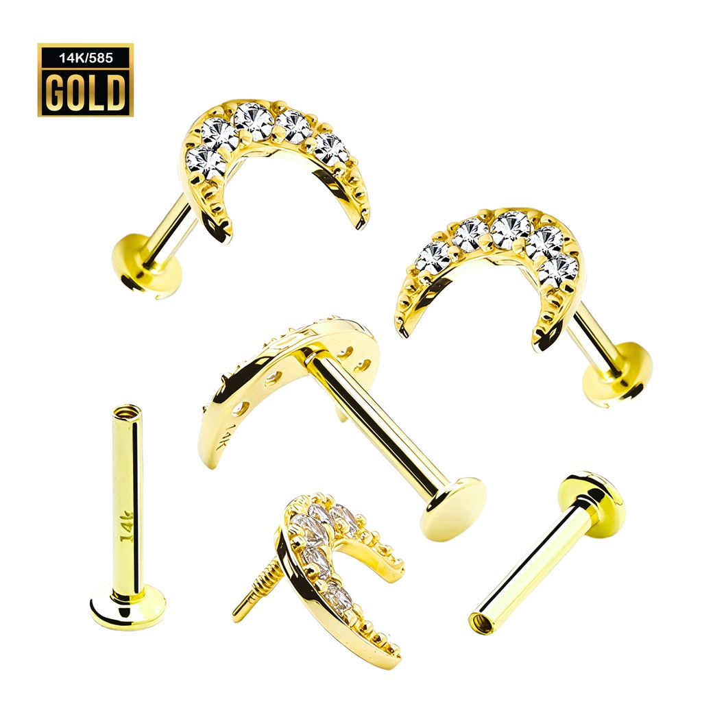 14K Real Gold Internally Labret with Top Cubic Zirconia in Moon Design 