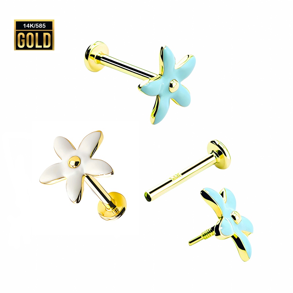14K Real Gold Internally Labret Flower with Enamel-Painted Petals Top Design 