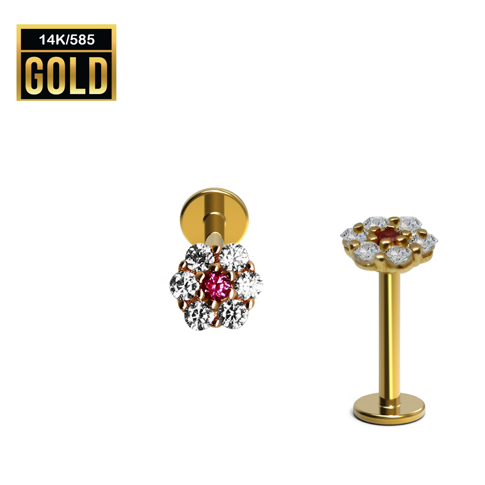 14K Real Gold Internally Labret with Cubic Zirconia Flower Top Design - 16GA(1.2mm)