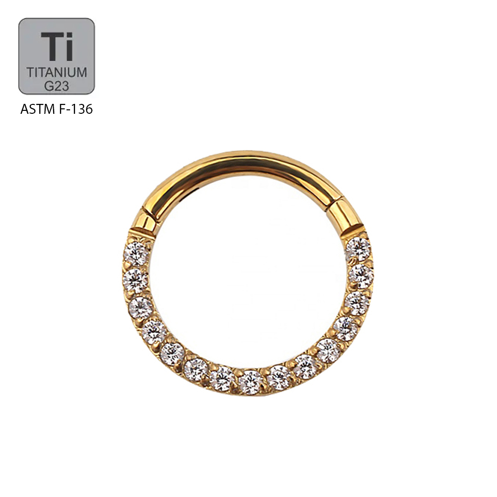 Titanium G23 Gold Ti-PVD Coated Hinged Segment Ring Clicker with Cubic Zirconia Pave