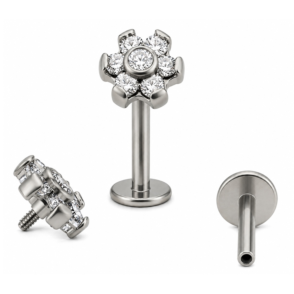 ASTM F136 Titanium G23 Internally Threaded Labret with Bezel Set Cubic Zirconia Stone Flower Top   