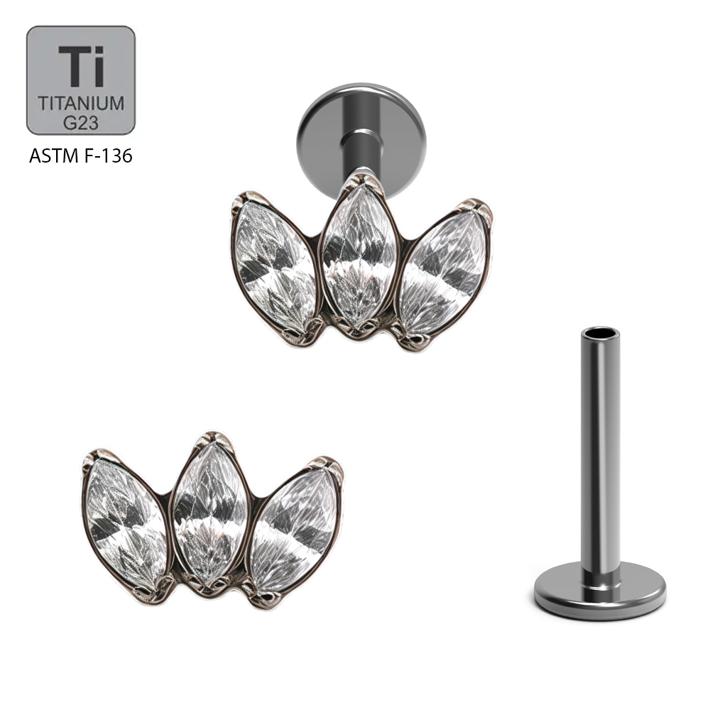 ASTM F136 Titanium G23 Internally Threaded Labret with 3 Marquise Cubic Zirconia Set Curve Top       