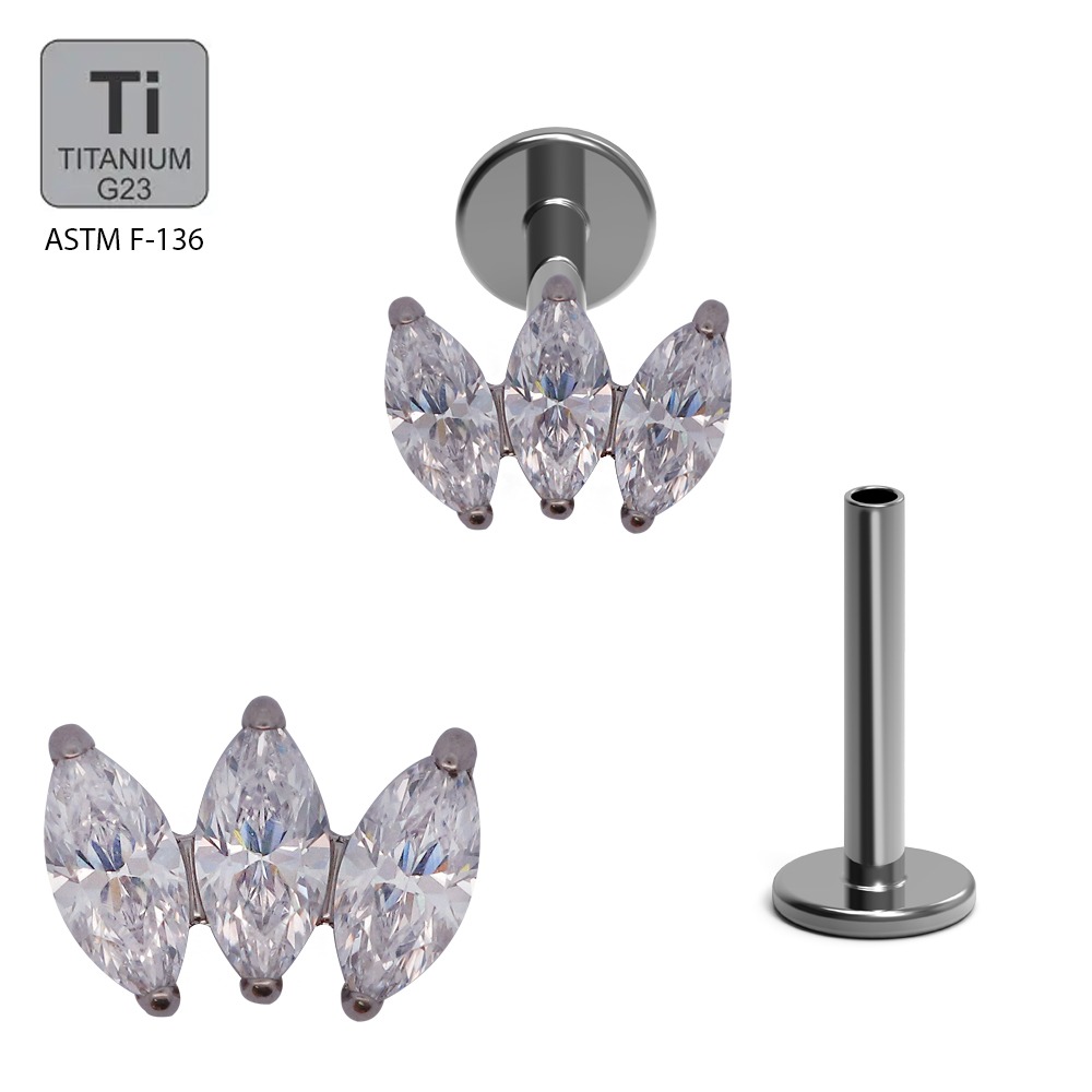 ASTM F136 Titanium G23 Internally Threaded Labret with 3 Marquise Cubic Zirconia Set Curve Top       