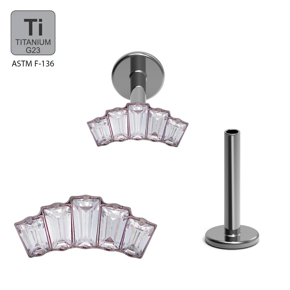 ASTM F136 Titanium G23 Internally Threaded Labret with 4 Oblong Cubic Zirconia Blaze Set Curve Top      