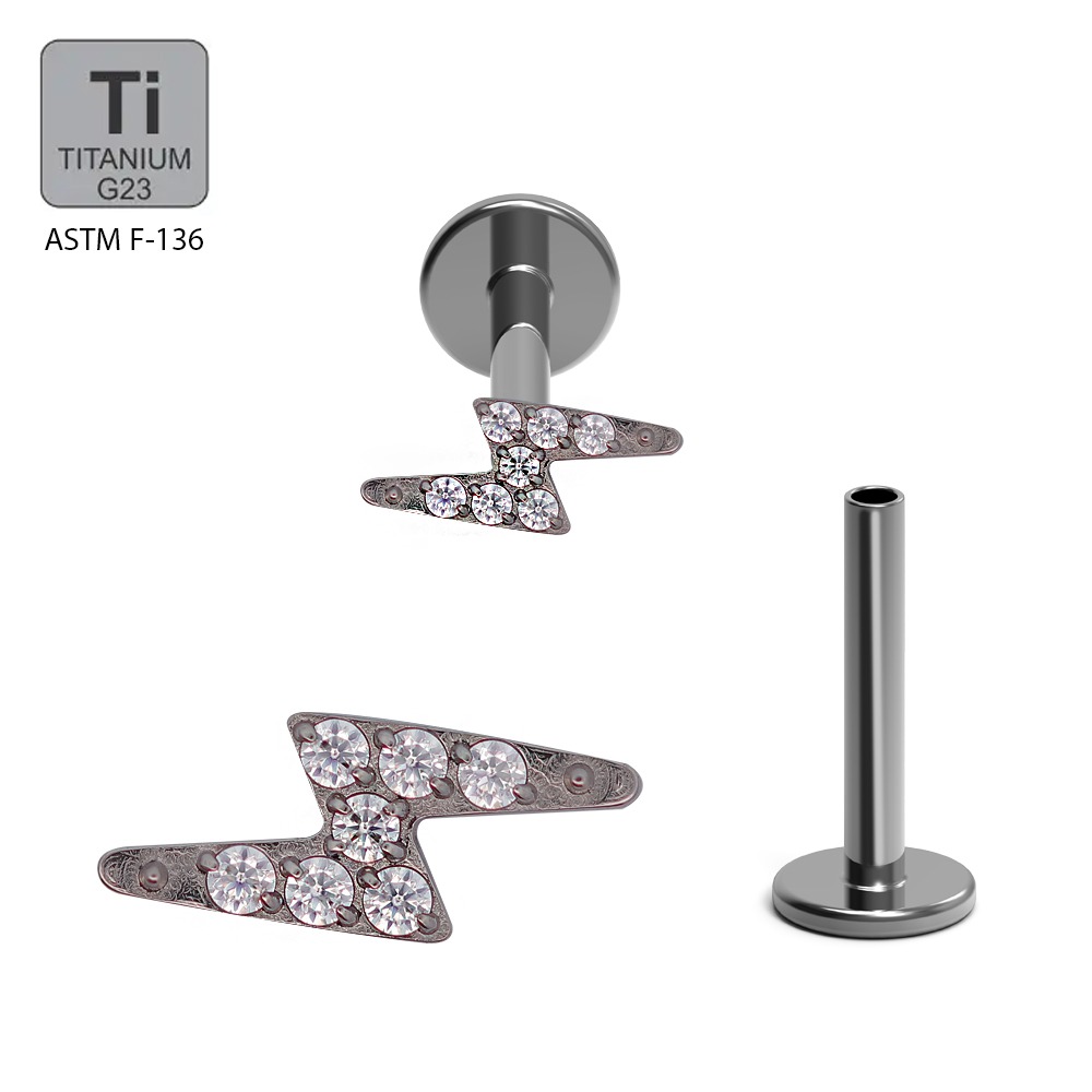 ASTM F136 Titanium G23 Internally Threaded Labret with Cubic Zirconia Paved Lightning Top       