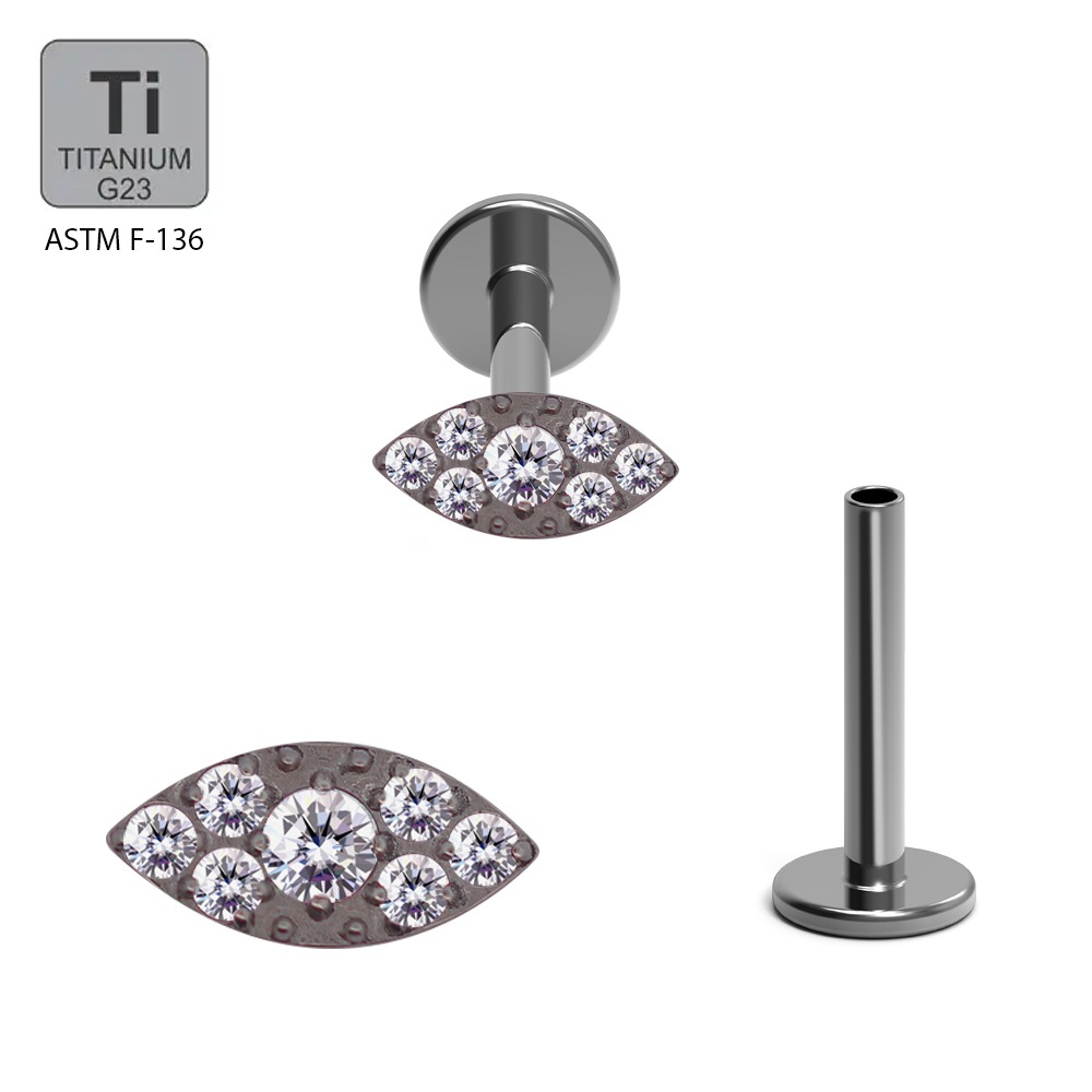 ASTM F136 Titanium G23 Internally Threaded Labret with Cubic Zirconia Paved Marquise Top       
