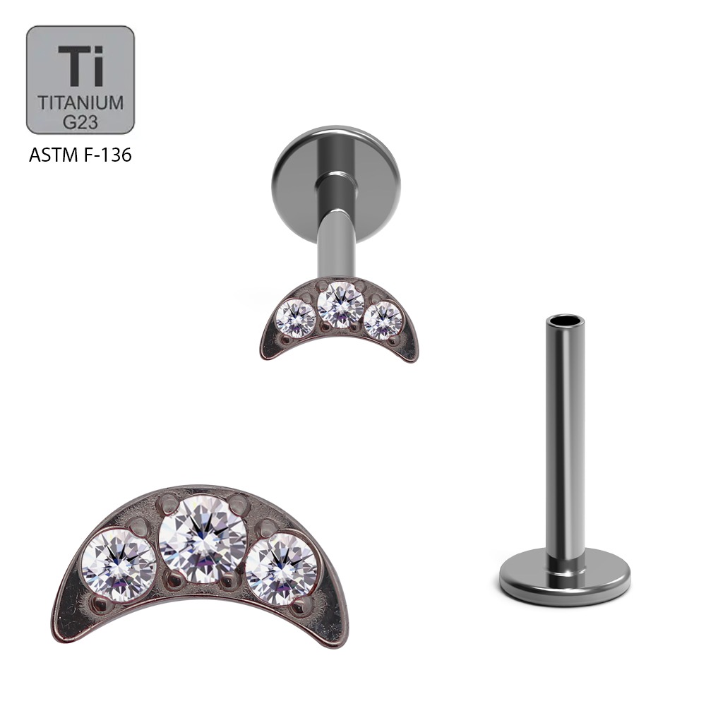 ASTM F136 Titanium G23 Internally Threaded Labret with Cubic Zirconia Paved Moon Shape Top       