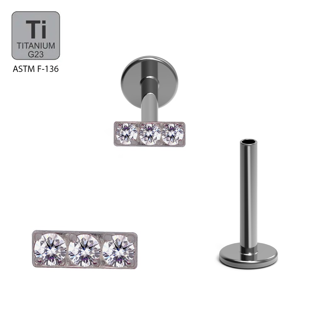 ASTM F136 Titanium G23 Internally Threaded Labret with 3 Cubic Zirconia Tile Top       