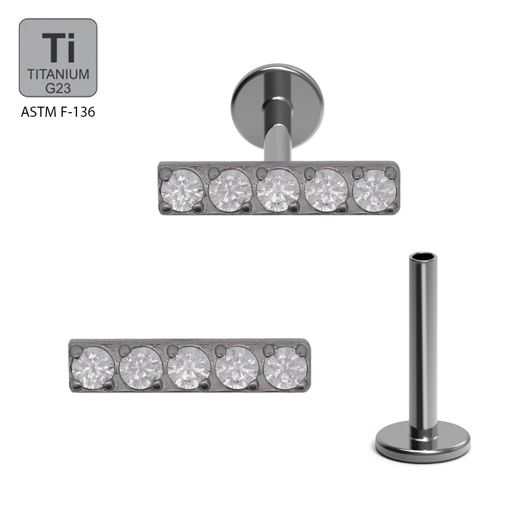 ASTM F136 Titanium G23 Internally Threaded Labret with 5 Cubic Zirconia Tile Top       