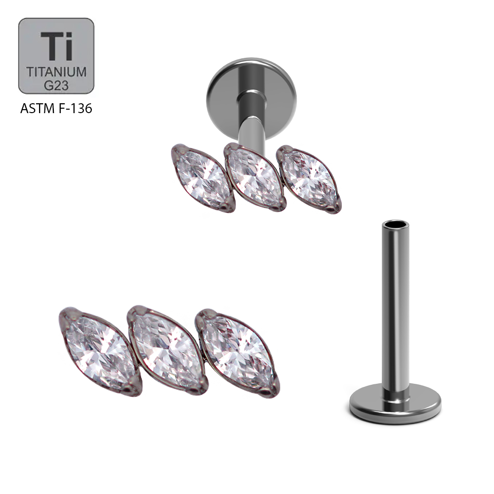 ASTM F136 Titanium G23 Internally Threaded Labret with 3 Marquise Crystal Blaze Set Fan Parallel Top 