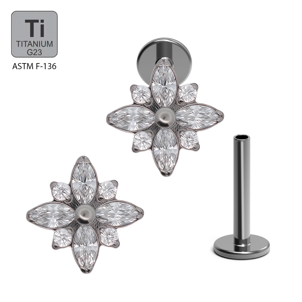 ASTM F136 Titanium G23 Internally Threaded Labret with 4 Marquise Stone and 4 Cubic Zirconia Blaze Set Top