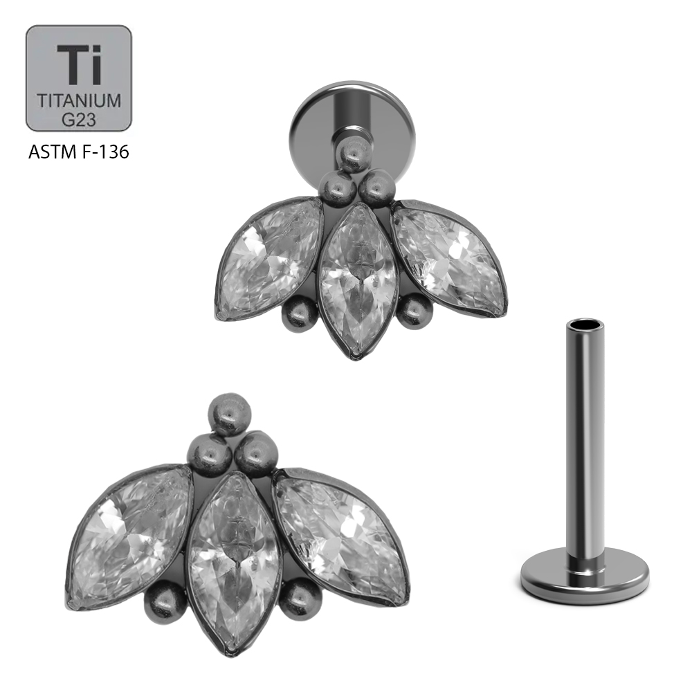 ASTM F136 Titanium G23 Internally Threaded Labret with 3 Marquise Cubic Zirconia With 5 Balls Cluster Top