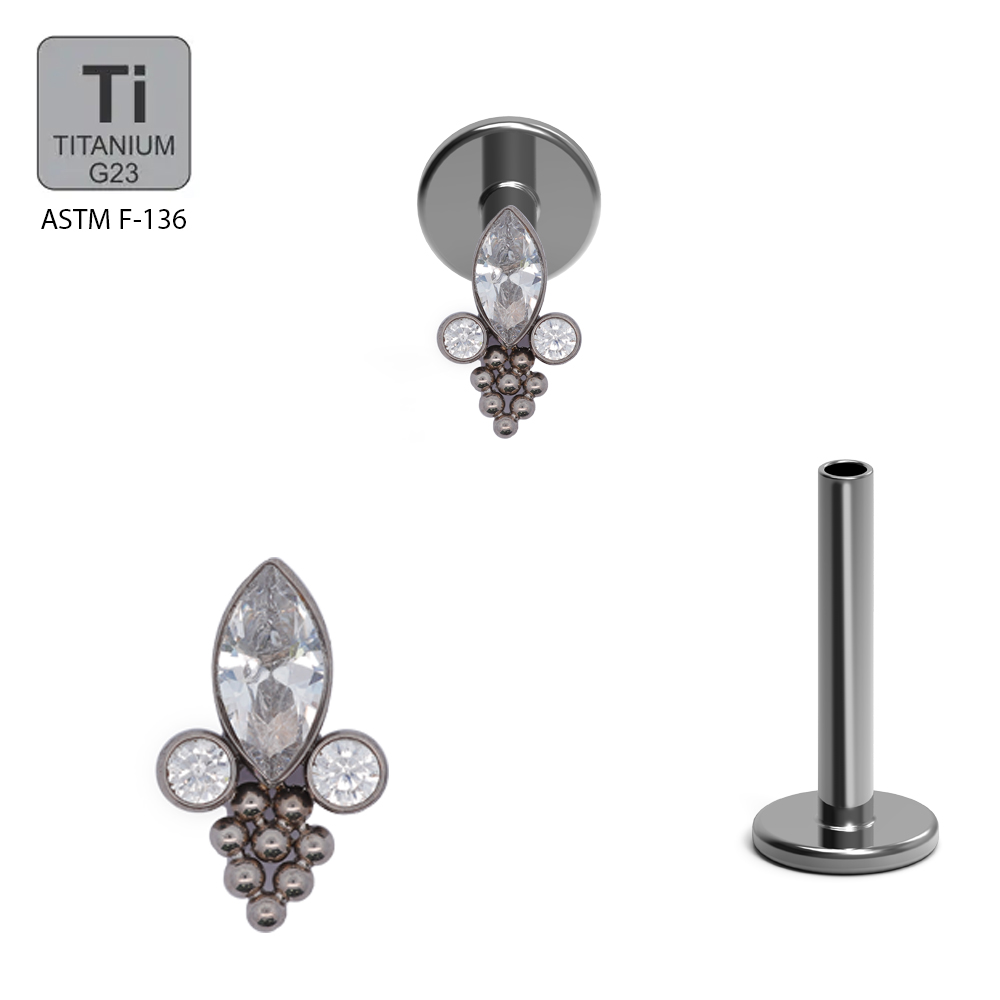 ASTM F136 Titanium G23 Internally Threaded Labret with  Marquise Cubic Zirconia and 2 Round Cubic Zirconia With Balls Cluster Top