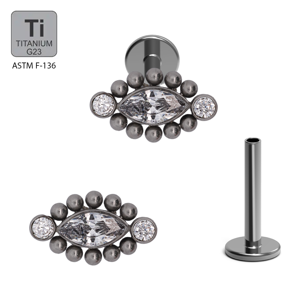 ASTM F136 Titanium G23 Internally Threaded Labret with Marquise With Balls and Cubic Zirconia Cluster Surrounding Top