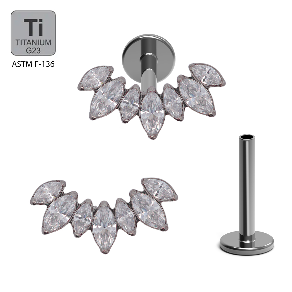 ASTM F136 Titanium G23 Internally Threaded Labret with 7 Prong Set Marquise Cubic Zirconia Top