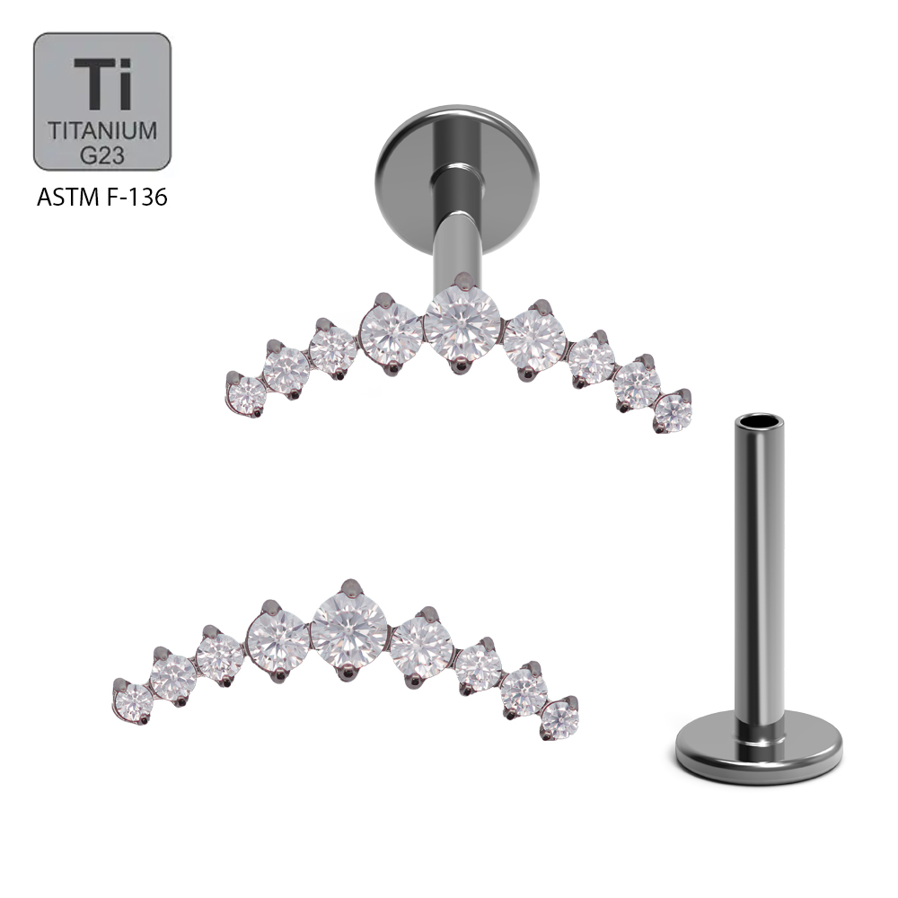 ASTM F136 Titanium G23 Internally Threaded Labret with  9 Prong Set Cubic Zirconia Stone Top