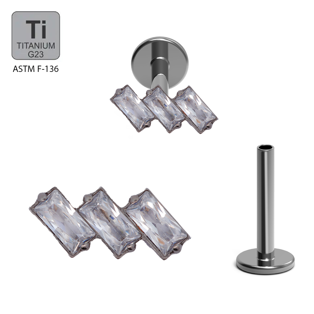 ASTM F136 Titanium G23 Internally Threaded Labret with 3 Bezel Set Rectangles Cubic Zirconia Top