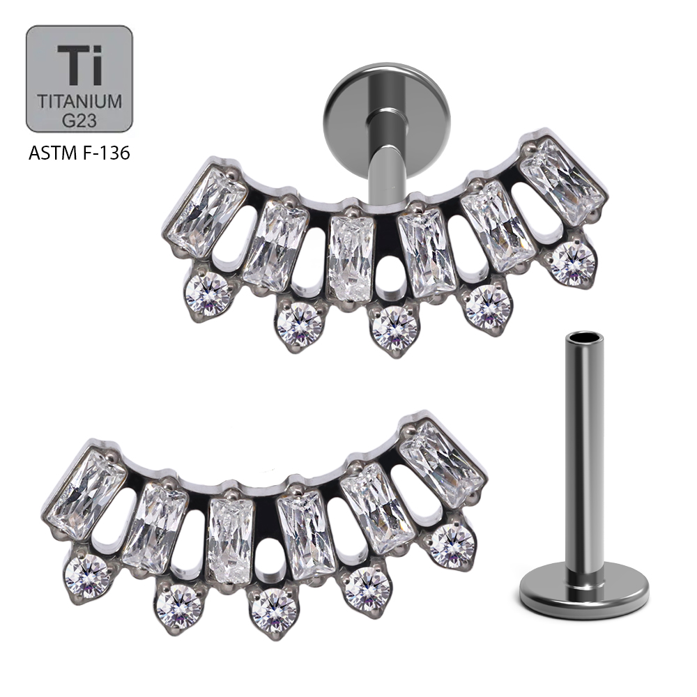 ASTM F136 Titanium G23 Internally Threaded Labret with 6 Bezel Set Rectangles Cubic Zirconia and 5 Round Cubic Zirconia Alternate Top